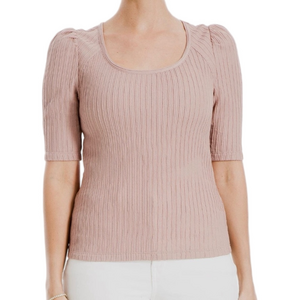 Max Studio Pink Mauve Rib Knit Puff Elbow Sleeve Top - Sz Large, NWT